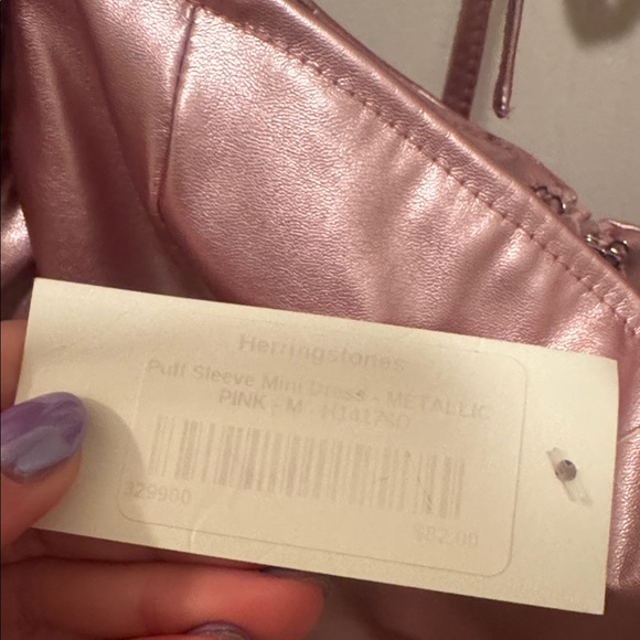 Metallic Rose Pink Puff Sleeve Mini Dress NWT - Picture 2 of 4